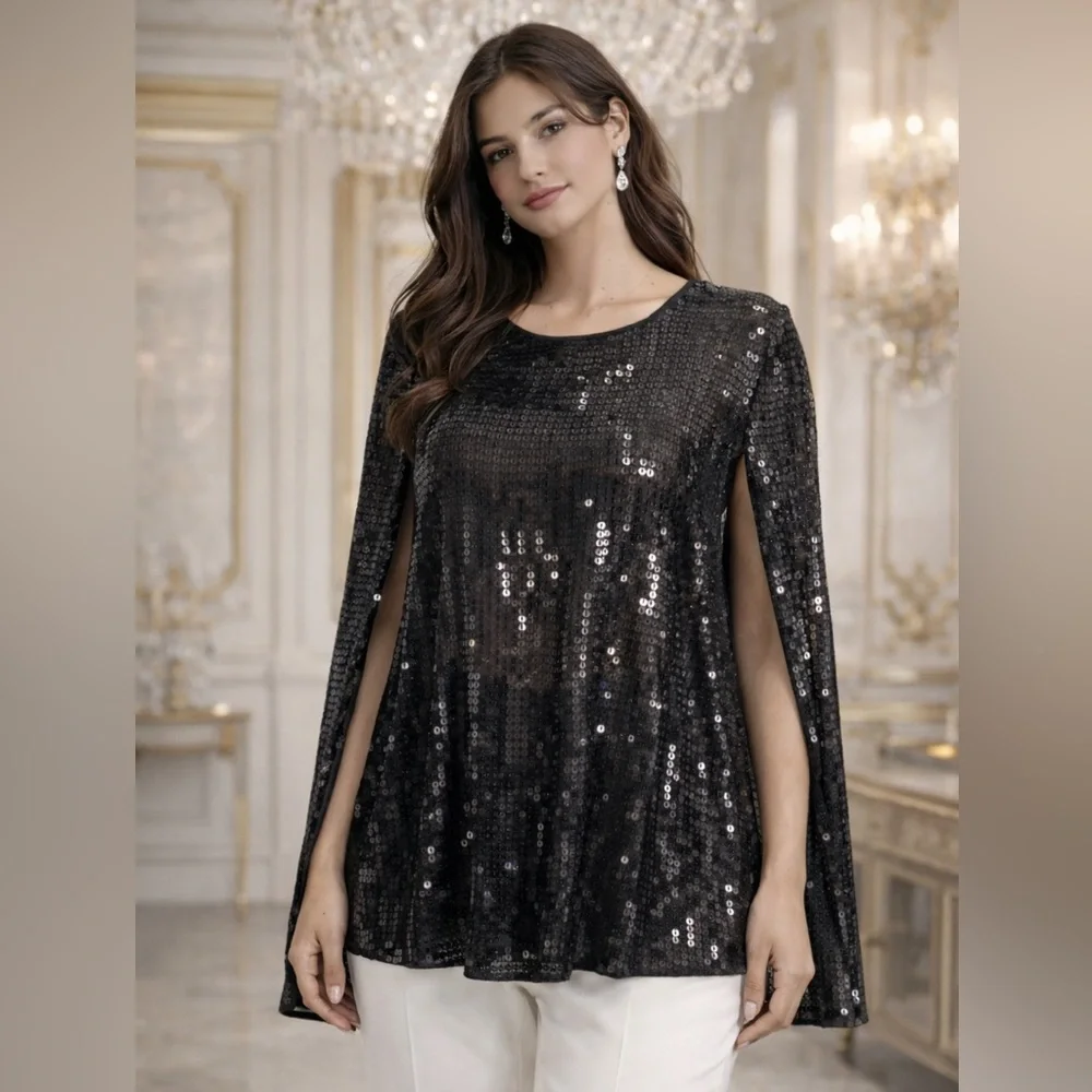 DKNY Black Sequin Women's elegant cape blazer - Picture 1 of 13